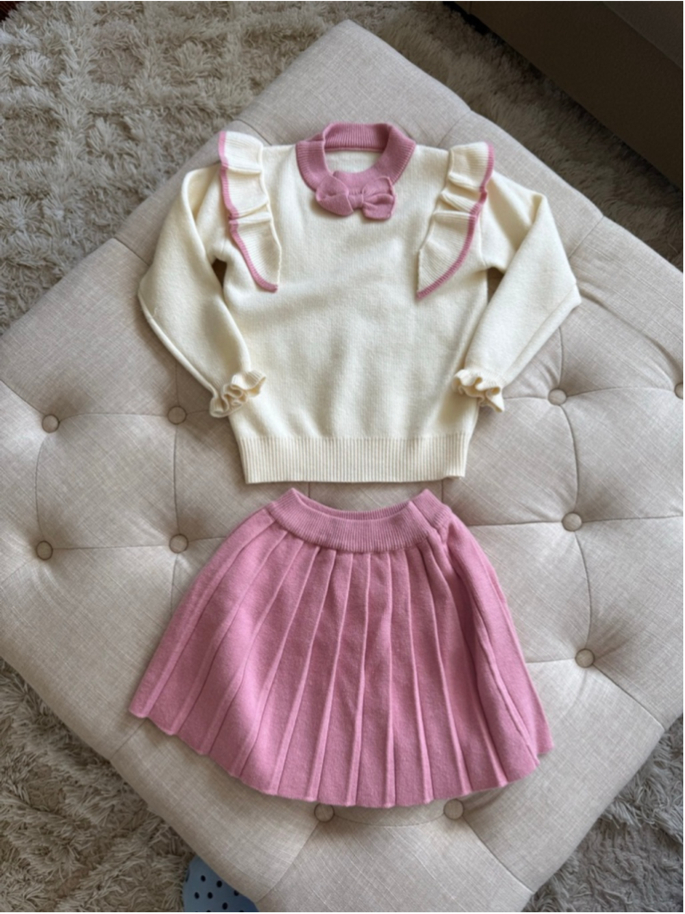 Girls Cream Pink Sweater & Pleated Skirt Matching Set 4T